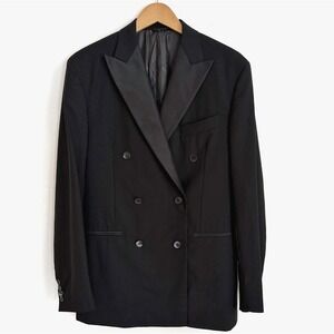 Eidos Napoli Mens Black Wool Mohair Double Breasted Tuxedo Blazer Size 50R
